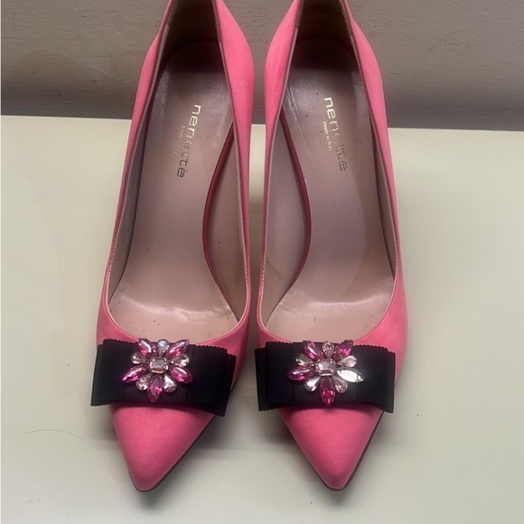 Made in Italy Nennete Pink and Black Stiletto Heels with Crystal Accents - Picture 1 of 6